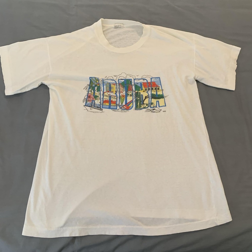 Vintage Aruba Paradise Island Shirt Mens 46 White Tropical Travel Graphic Tee